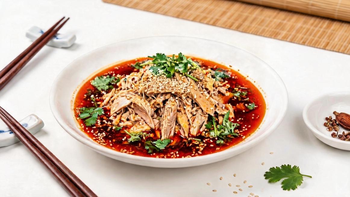 参考第一张图的高清写实美食画风，重新生成第二张图的凉拌鸡丝菜品，保留原图食材：鸡丝、白芝麻、红油、香菜，画质高清细节丰富预览效果