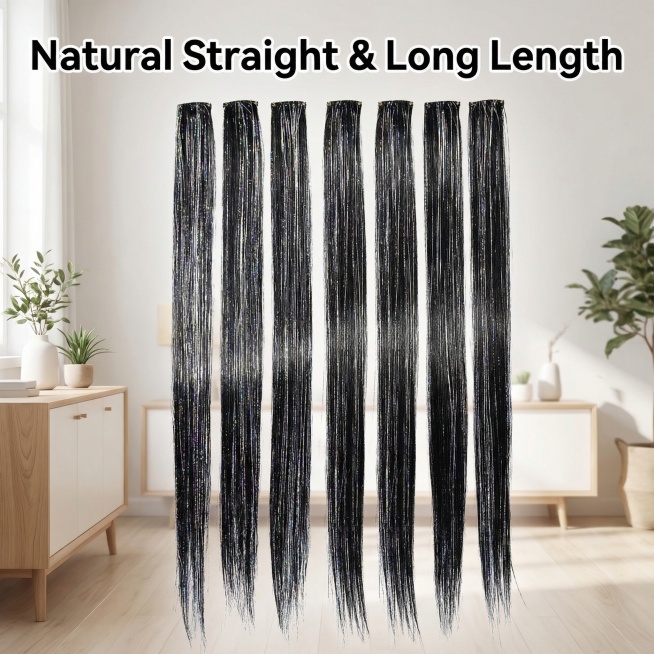 基于原图产品，生成欧美跨境电商详情页，尺寸800x800，非白底背景。展示长发直发效果，整体展示接发片长度和垂坠感，保持产品原始形状不变，不切割产品。背景为北欧简约时尚场景，突出接发片的自然顺滑直发质预览效果