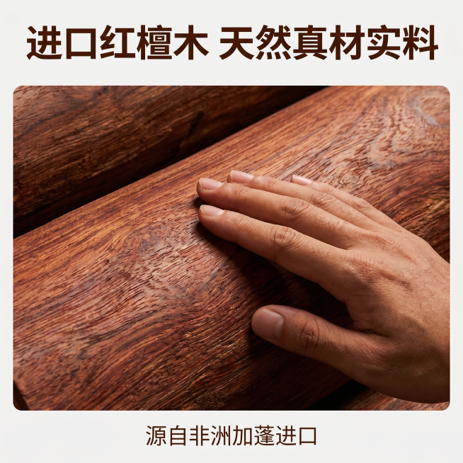 [主题：红檀木原木展示] 非洲加蓬红檀木原木质展示，微距放大展示天然木纹，保留真实自然木材纹理，加入手部触摸动作传递天然质感。文字：顶部主标题 “进口红檀木 天然真材实料” 深棕色粗体，底部标注 “源预览效果
