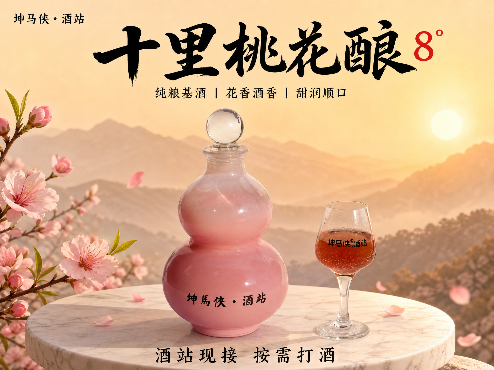 参考上一轮生成的十里桃花酿海报版式，将主体酒瓶和酒杯替换为本轮… - 图片创意预览