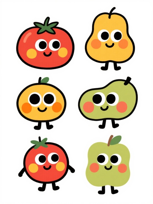 在纯白色纯色背景上，以手绘儿童插画风格整齐排列六个完全不同的卡通水果形象，保持与示例西红柿相同的艺术特征：圆润可爱的造型、鲜艳饱满的色彩、粗黑轮廓线勾勒、简洁明快的笔触质感、大而有神的黑色圆形眼睛、白色高光、脸颊上橙黄色圆形红晕、微笑的嘴巴和简单的黑色线条四肢，每个水果都有独特的表情和姿态，整体呈现出活泼欢快的氛围，图像清晰，构图规整。预览效果