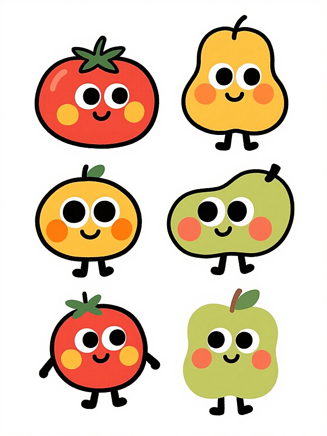 在纯白色纯色背景上，以手绘儿童插画风格整齐排列六个完全不同的卡通水果形象，保持与示例西红柿相同的艺术特征：圆润可爱的造型、鲜艳饱满的色彩、粗黑轮廓线勾勒、简洁明快的笔触质感、大而有神的黑色圆形眼睛、白色高光、脸颊上橙黄色圆形红晕、微笑的嘴巴和简单的黑色线条四肢，每个水果都有独特的表情和姿态，整体呈现出活泼欢快的氛围，图像清晰，构图规整。
