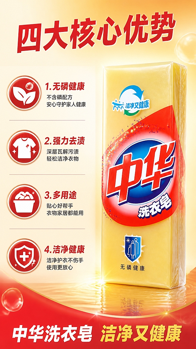 第3张 详情页功效页，中华洗衣皂，四大核心优势。使用图1作为商品主体。
抖音快手竖版，信息丰富，左右布局，直观明了。
洗衣皂立于画面右侧占40%，外观与输入图一致，logo清晰。左侧上下排列四大优势，每个优势配图标和文字：无磷健康、强力去渍、多用途、洁净健康。背景红黄渐变，四个图标从上到下排列。
柔光打亮产品，图标清晰，整体信息丰富。
背景红黄渐变，图标红白色，主色红黄。
顶部大标题「四大核心优势」粗黑体红；左侧四个图标+文案：「无磷健康」「强力去渍」「多用途」「洁净健康」；底部小字「中华洗衣皂 洁净又健康」。
9:16竖版，4K高清。
负向：变形，错字，模糊，杂乱，水印，价格，logo变形。