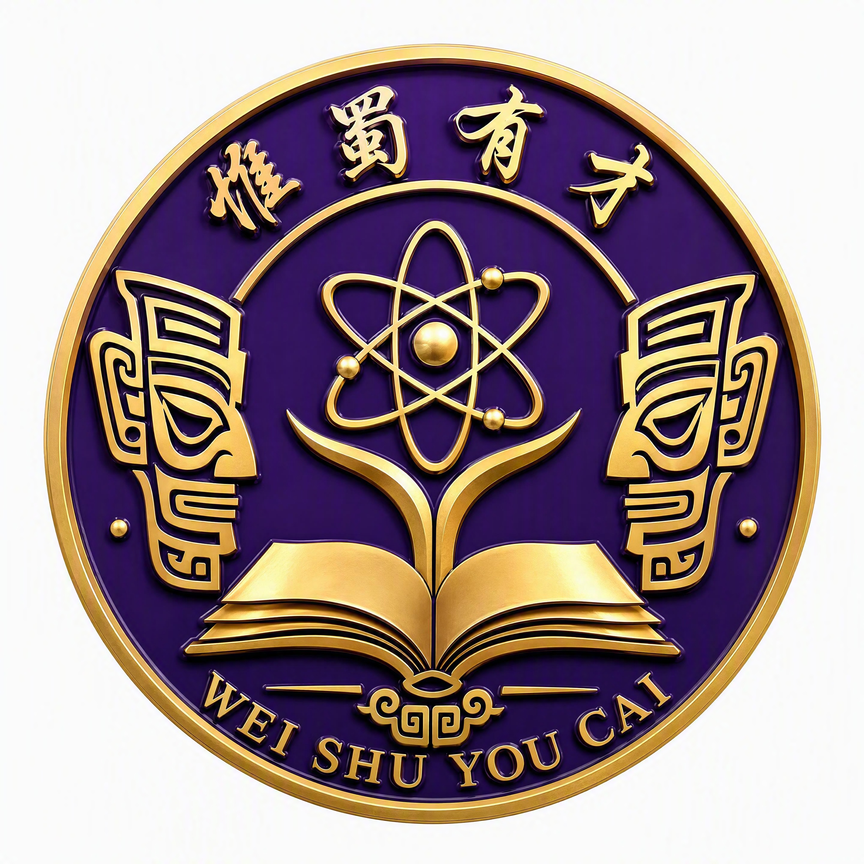 基于参考图的校徽设计，保留金属立体质感，深紫色珐琅底配金色浮雕… - 图片创意预览
