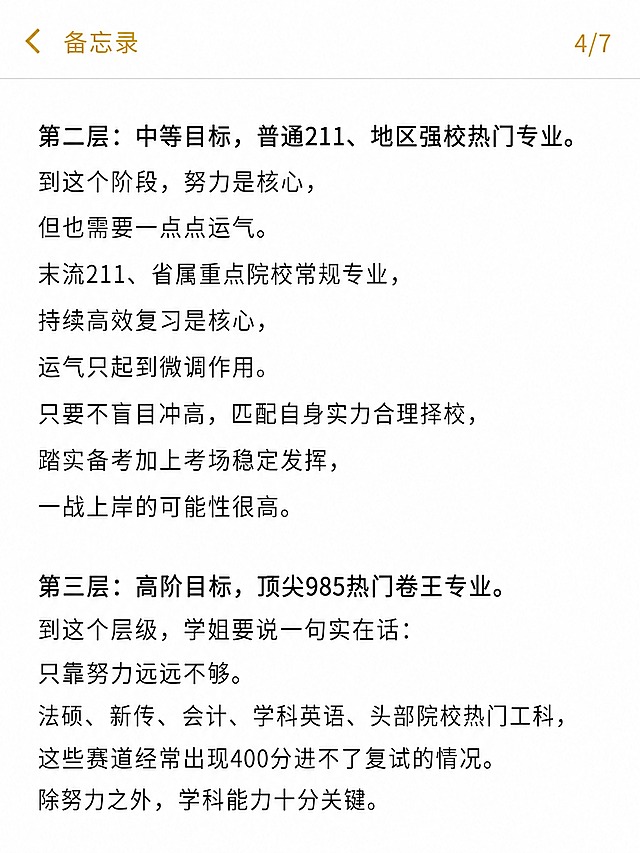 小红书笔记内页，备忘录风格，纯白背景，顶部有返回箭头和"备忘录"标题，右上角有页码"4/7"。正文内容："第二层：中等目标，普通211、地区强校热门专业。到这个阶段，努力是核心，但也需要一点点运气。末流211、省属重点院校常规专业，持续高效复习是核心，运气只起到微调作用。只要不盲目冲高，匹配自身实力合理择校，踏实备考加上考场稳定发挥，一战上岸的可能性很高。" 下一段："第三层：高阶目标，顶尖985热门卷王专业。到这个层级，学姐要说一句实在话：只靠努力远远不够。法硕、新传、会计、学科英语、头部院校热门工科，这些赛道经常出现400分进不了复试的情况。除努力之外，学科能力十分关键。" 版式简洁，黑色文字左对齐，手机备忘录质感。