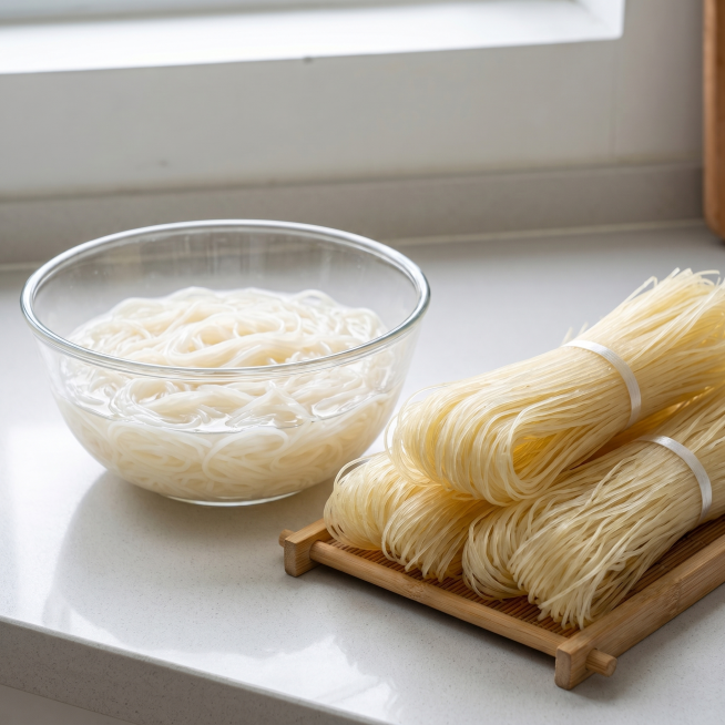 [主图 4] 干米粉泡发场景展示。
[氛围风格] 生活化食欲感，高级食品摄影。
[画质] 商业摄影质感、光线柔和通透、产品清晰真实、画面干净高级。
[元素] 玻璃盆中盛放着部分泡发好的米粉，旁边放着捆预览效果