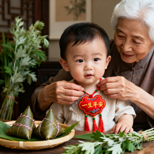 一位白发老奶奶神情慈祥温柔，双手轻轻的将这款红色刺绣"一生平安"百岁锁戴在稚嫩可爱的小孙孙脖子上，充满端午节氛围，添加粽子、艾草、粽叶等端午元素，暖色调，传统中式家庭场景，高清温暖风格预览效果