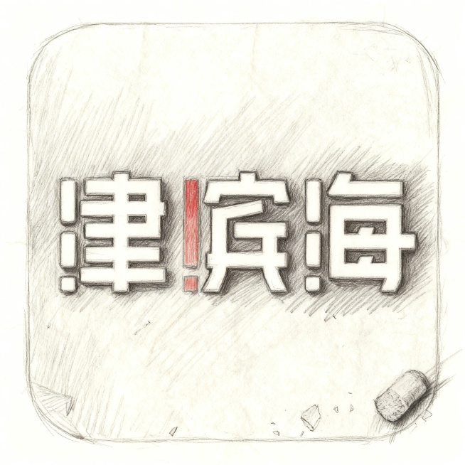 参考第一张图的铅笔手绘草稿风格，重新绘制第二张图的津滨海图标，保留原文字内容和整体构图，采用手绘素描质感，在纸张上绘制，带有铅笔阴影和橡皮碎屑预览效果