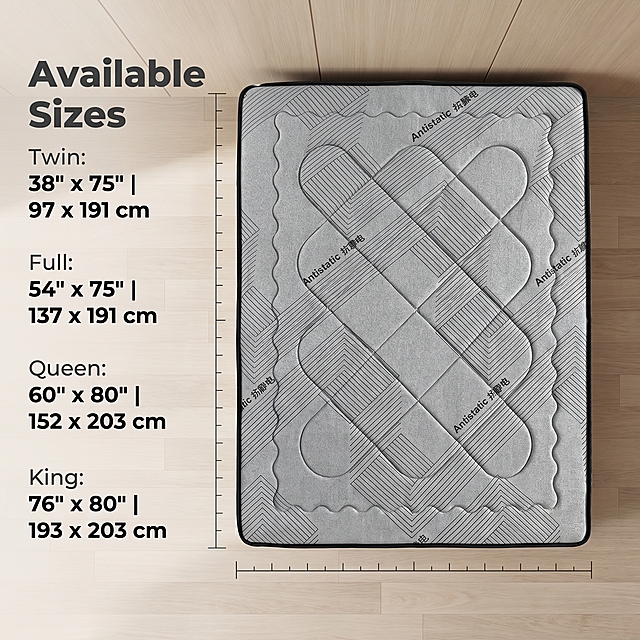 [Main Image-5] Size specification display of Antistatic Mattress. Help users judge the space matching.
[Atmosphere Style] Clear and professional data display style.
[Quality] Clear picture, accurate data, commercial standard.
[Elements] The whole mattress is placed in the center of the picture, a top view overlooking the overall scene of a bedroom space, leaving a clear moving line scale reference. Keep the mattress appearance (physical structure, material texture, color) absolutely consistent with the input product image, eliminate any deformation and color difference, fine processing. Left vertical arrangement of size information.
[Lighting] Even soft indoor natural light, clear and shadow, not messy.
[Color Matching] Light wood floor and wall color, mattress original gray, data text dark gray, clear contrast.
[Perspective Composition] Overlooking the overall perspective, clear size labeling.
[Text Layout] Top title "Available Sizes", bold large font. Left column to list common sizes:  "Twin: 38" x 75" | 97 x 191 cm", "Full: 54" x 75" | 137 x 191 cm", "Queen: 60" x 80" | 152 x 203 cm", "King: 76" x 80" | 193 x 203 cm". Clear text, left aligned, size data highlight bold. Right side mattress display, text does not cover the product.
[Proportional Resolution] 1:1 ratio, 2K resolution; text clear, ultra HD.
[Negative prompt] deformation, watermark, text disorder, blurry product picture, messy background, Chinese characters