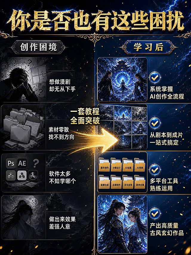 [商品] AI漫剧短剧教程虚拟课程产品；服务素材保护：保留古风玄幻案例风格统一，不改变人物造型和服饰特征。
[画面] 页面目标为痛点共鸣，激发用户学习兴趣。左右对比构图，左侧为"创作困境"区域，右侧为"学习后"区域。左侧：灰暗色调，展示杂乱的素材文件夹、空白画布、抓头发的人物剪影、问号图标，配文字"想做漫剧却无从下手""素材零散找不到方向""软件太多不知学哪个""做出来效果差强人意"。右侧：明亮金蓝色调，展示精美的古风玄幻作品图、整齐的课程文件夹、打勾的任务清单，配文字"系统掌握AI创作全流程""从剧本到成片一站式搞定""多平台工具熟练运用""产出高质量古风玄幻作品"。中间用金色发光箭头从左指向右，箭头上方写"一套教程 全面突破"。顶部金色主标题"你是否也有这些困扰"。背景为深黑蓝渐变，左侧偏灰暗右侧偏金蓝，金色粒子从右向左飘散。
[视觉] 套系策略：风格=黑金蓝电光古风玄幻商业海报风；标题字=金色立体金属质感粗体带蓝色电光描边；正文字=白色/浅金色简洁无衬线体；主色=深黑蓝底色；背景延展=基于深黑蓝做左右明暗对比渐变、左侧灰暗右侧金蓝、金色粒子层；强调色=电光蓝，仅用于图标发光、箭头光效和局部高亮；标题色=金色金属质感；正文色=白色/浅金色；组件=金色发光箭头、蓝色发光图标、古风装饰分割线；光影=整体从右向左渐变亮度，右侧区域更明亮有光感，左侧偏暗营造困境氛围。
[文字] 顶部主标题大号金色立体字居中，左右两区各有4个卖点短句，配图标，文字横排左对齐。中间箭头上方中号金色字。所有文字清晰可读，手机端可辨。
[规格] 图片比例3:4竖版，4K，负向：模糊 变形 错字 文字过小 水印 淘宝Logo 极限词 虚假承诺