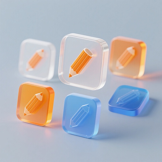 生成一个极简icon，铅笔形状嵌入里面，浮雕感，系列感，风格统一，高级感，简约，橘白蓝配色，最佳画质，创意，彩色，高级，半透明，