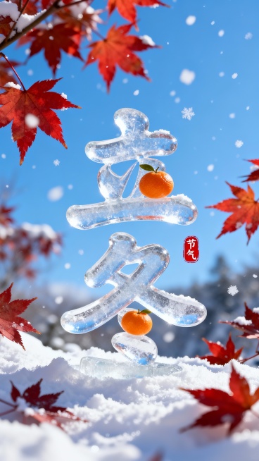 画面中央是晶莹剔透，字形圆润的”立冬” 二字，字体上可以有小小的橘子元素点缀。背景是一片晴朗的蓝天，画面中有白雪和枫叶。立冬字旁“红色小印章”节气“点缀，整体画面色彩明亮，背景有纵深感预览效果