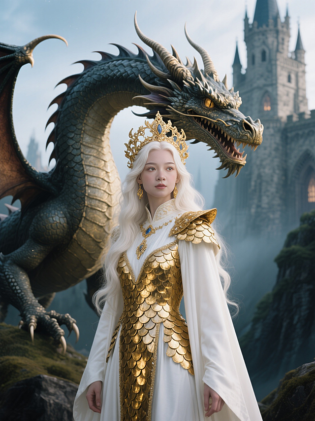 西方白发女子身着带有金色鳞片装饰的白色长袍，头戴精致的金色头饰，显得高贵而神秘。她的身后有一条巨大的龙，龙的形态威严，给人一种强大的压迫感。背景是是一个城堡，进一步增强了画面的奇幻氛围。整体画面给人一种魔法世界的感觉，蕴含着与龙、魔法或冒险相关的故事元素。
