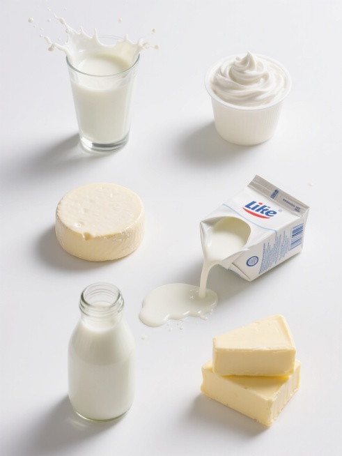 高分辨率超写实摄影风格，纯色白色背景，六个奶制品元素规整排布的系列素材集合，每个元素保持一致的高反光质感与细腻光影表现：左侧上方为装满纯牛奶并带有飞溅奶花的透明玻璃杯，右侧上方是覆盖着奶油泡沫的酸奶杯，左侧中间是表面光滑的圆形奶酪块，右侧中间为一盒倾斜倒出牛奶的利乐枕包装，左侧下方是顶部有滴落奶滴的牛奶瓶，右侧下方是三块堆叠的黄油，所有元素均具有清晰的轮廓边缘、通透的材质感和自然的高光阴影过渡……预览效果