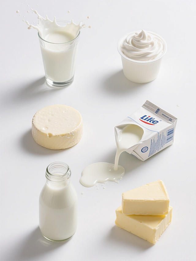 高分辨率超写实摄影风格，纯色白色背景，六个奶制品元素规整排布的系列素材集合，每个元素保持一致的高反光质感与细腻光影表现：左侧上方为装满纯牛奶并带有飞溅奶花的透明玻璃杯，右侧上方是覆盖着奶油泡沫的酸奶杯，左侧中间是表面光滑的圆形奶酪块，右侧中间为一盒倾斜倒出牛奶的利乐枕包装，左侧下方是顶部有滴落奶滴的牛奶瓶，右侧下方是三块堆叠的黄油，所有元素均具有清晰的轮廓边缘、通透的材质感和自然的高光阴影过渡，整体构图均衡对称，保持统一的乳制品视觉主题与专业食品摄影的精致感。