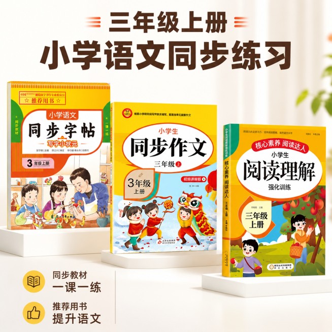 [主图-1] 三年级上册小学语文同步练习套装首图，更换排版顺序。氛围风格为明亮活泼，清晰专业，商业摄影质感、光线柔和通透、产品清晰真实、画面干净高级。同步字帖放左侧，同步作文放中间，阅读理解放右侧，三预览效果