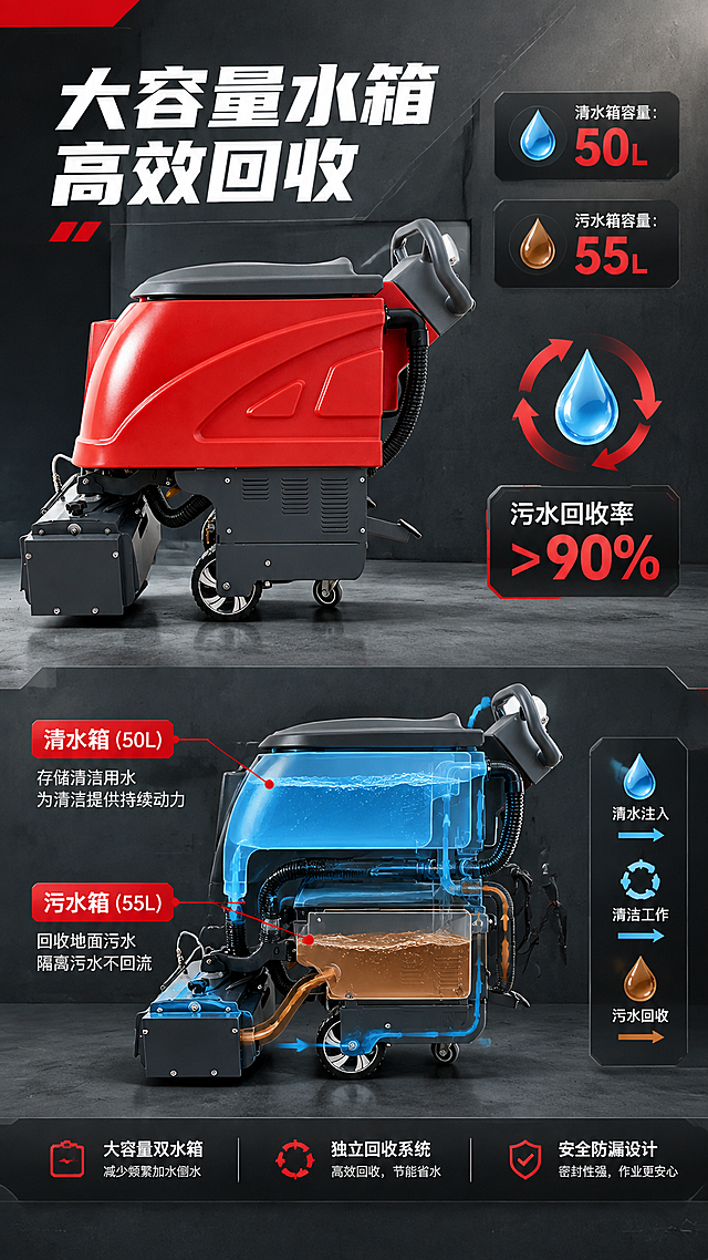 [商品] 使用【图1】自动扶梯清洗机侧视图；保留红灰黑配色、水箱主体、双刷清洁头、黑色软管、滚轮等全部外观特征与比例，不改变产品结构。
[画面] 目标：水箱容量与污水回收系统展示页。构图：左右分栏，左侧为产品侧视大图（突出水箱部分），占画面50%，右侧为水箱系统示意图，用剖面示意方式展示清水箱和污水箱分离结构，配水流方向箭头。背景为深灰工业风，有细微科技感线条。
[视觉] 套系策略：风格=轻工业风商业摄影，硬朗工业质感；标题字=粗黑体，厚重有力；正文字=简洁无衬线黑体；主色=工业红+深灰黑；背景延展=基于深灰做工业金属质感渐变，搭配浅灰水泥地面纹理；强调色=亮红色，仅用于小面积图标、引线、标签和重点数字高亮；标题色=白色/深灰；正文色=浅灰/白色；组件=工业风圆角信息卡、金属质感引线、编号方块；光影=左前侧硬柔光，突出金属质感和产品立体感。
[文字] 顶部主标题：大容量水箱 高效回收；右侧两个数据卡：清水箱容量：50L；污水箱容量：55L；下方突出显示：污水回收率>90%；配水滴图标和循环箭头示意回收原理。
[规格] 图片比例9:16竖版，4K分辨率，淘宝/天猫详情页风格，避免变形、错字、文字过小、产品颜色改变、结构失真、卡通化。