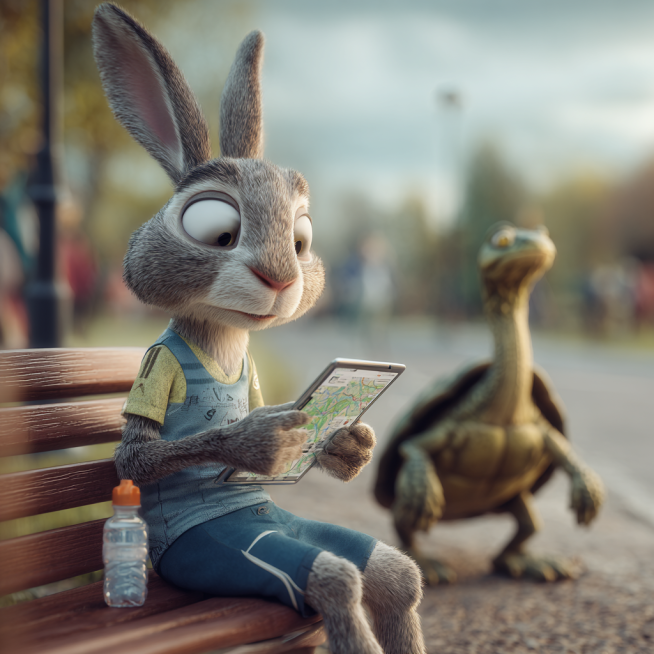 主题设定： 现代城市马拉松赛道，一场备受瞩目的“龟兔锦标赛”。
关键帧序列：
关键帧 1：雄心勃勃的起跑

画面描述： 盛大的城市马拉松起点。兔子身穿专业的荧光色跑步背心，戴着运动耳机，在起跑线前专注预览效果