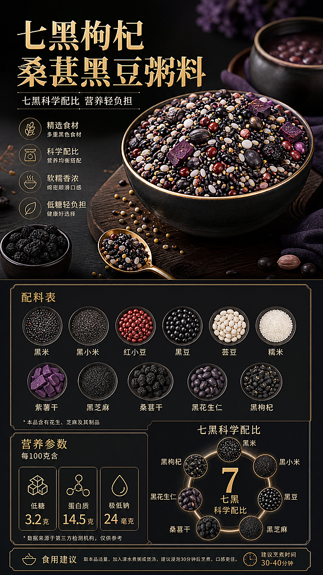 电商分屏详情页，展示七黑枸杞桑葚黑豆粥料完整配料表与营养参数：配料为黑米、黑小米、红小豆、黑豆、芸豆、糯米、紫薯干、黑芝麻、桑葚干、黑花生仁、黑枸杞；标注营养数据，每100克含3.2克低糖、14.5克蛋白质、24毫克极低钠，清晰展示七黑科学配比信息，简约深色风格