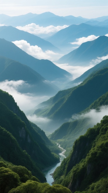 超写实风格的山脉全景图，晨光中的层叠山峦，近处是覆盖着茂密深绿色植被的陡峭山坡，中景为云雾缭绕的墨绿色山谷，山谷间蜿蜒流淌着清澈的河流，远景是渐变为淡蓝色的连绵山脉轮廓，天空中漂浮着白色的积云，整体色调以翠绿、墨绿和湛蓝为主，光线明亮柔和，呈现出宁静悠远的自然氛围，展现不同层次山脉的起伏变化和丰富细节。预览效果