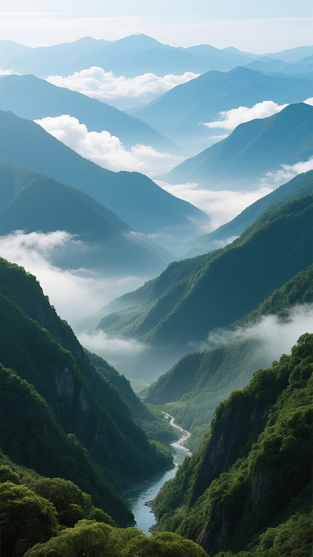 超写实风格的山脉全景图，晨光中的层叠山峦，近处是覆盖着茂密深绿色植被的陡峭山坡，中景为云雾缭绕的墨绿色山谷，山谷间蜿蜒流淌着清澈的河流，远景是渐变为淡蓝色的连绵山脉轮廓，天空中漂浮着白色的积云，整体色调以翠绿、墨绿和湛蓝为主，光线明亮柔和，呈现出宁静悠远的自然氛围，展现不同层次山脉的起伏变化和丰富细节。