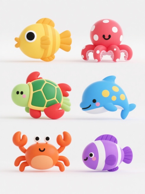 六个不同海鲜元素组成的系列素材集合，每个元素均采用与橙色螃蟹相同的3D卡通风格设计，包括黄色身体、黑色圆眼的卡通小黄鱼，红色外壳、白色斑点的卡通章鱼，粉色身体、白色肚皮的卡通小海豚，蓝色外壳、黄色斑点的卡通小海龟，绿色身体、红色钳子的卡通小龙虾，以及紫色身体、白色条纹的卡通小丑鱼，所有元素均保持圆润光滑的造型、鲜艳明快的纯色配色和简洁可爱的表情，整齐排列在纯白色背景上，整体风格统一、充满童趣预览效果