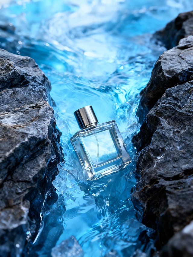 玻璃风瓶身置于清冽溪流，液态光影交织，静谧自然中透出清爽与清透感，虚拟与实景交融，如夏日沁凉之息。