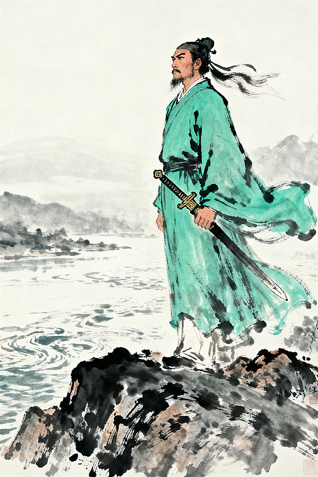 南宋辛弃疾，文人武将形象，身着青布长衫配佩剑，站在江边山头，远望江北故国，画面沧桑悲壮，中国水墨古画风格，体现壮志未酬的爱国情怀