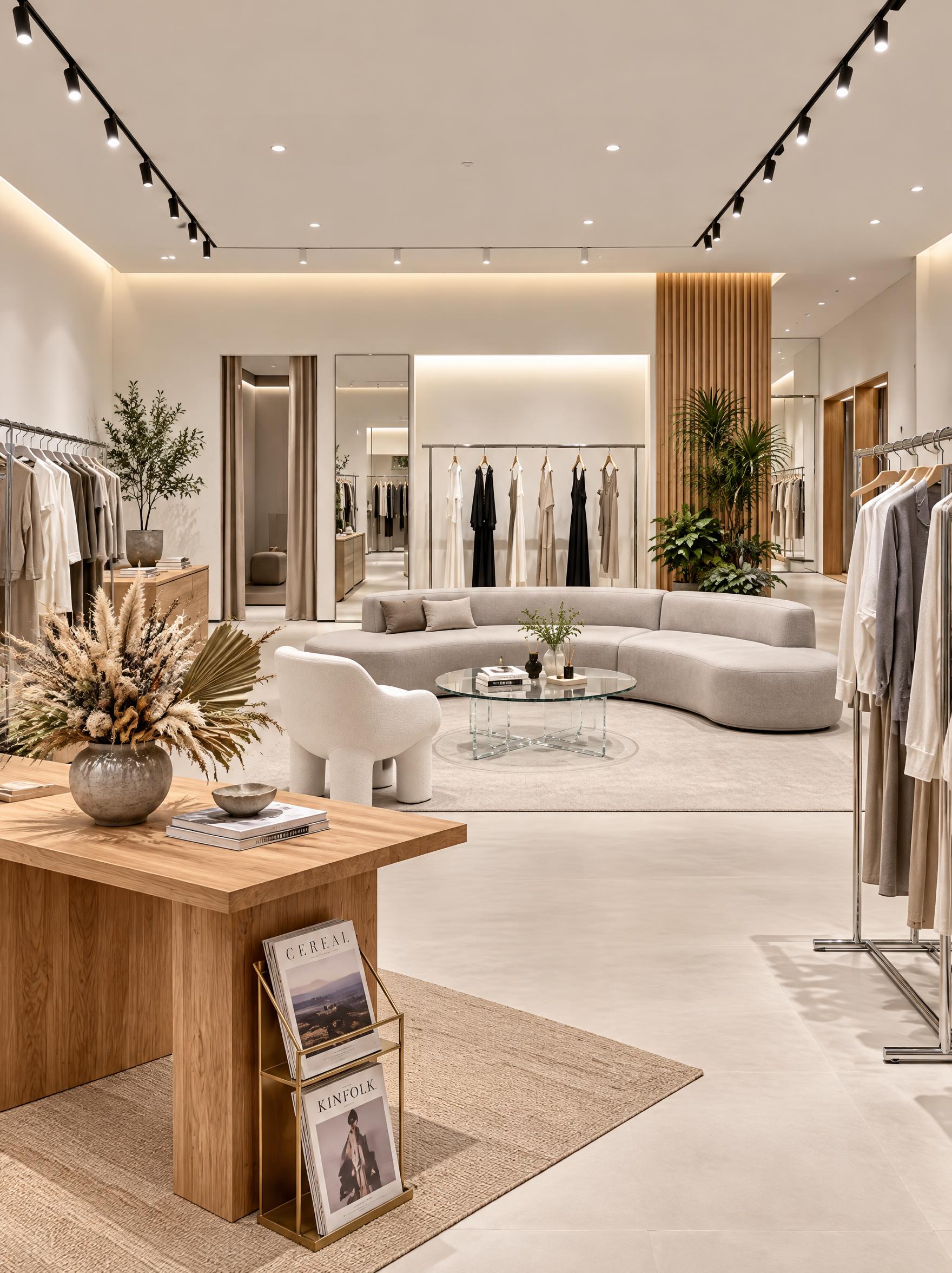 图生图模式：参考6张服装店照片的整体风格（现代极简、浅木+不锈… - 图片创意预览
