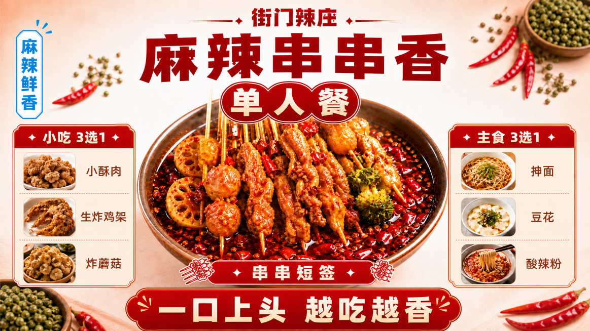 修改这张麻辣串串香团购图，将顶部"团购套餐"改为"单人餐"，保留现有居中排版和所有其他内容：品牌"街门辣庄"，主标题"麻辣串串香"，套餐包含串串短签、小吃3选1（小酥肉/生炸鸡架/炸蘑菇）、主食3选1预览效果