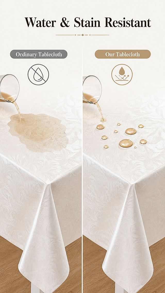 [第4屏] Core selling points display: Stain and water resistance performance comparison.
[氛围/风格] Clear contrast display, simple and intuitive style, clean picture, commercial photography. 
[元素布局] The picture is divided into left and right parts. On the right is the effect display after spilling liquid on the product tablecloth: the water droplets beads up on the tablecloth surface, does not penetrate, keep the tablecloth below dry and clean. Keep the tablecloth color and material consistent with the original image. On the left is the comparison of ordinary tablecloth: after spilling liquid, the liquid penetrates and leaves stains. Text labels on the contrast area to distinguish. The product area occupies more than sixty percent of the picture. 
[光影质感] Even soft light, clear contrast effect, no dark dead angle, the picture is clean and bright. 
[配色色系] Global background color: #F5F5F0 (light beige); consistent with previous color scheme, no new color added. 
[视角构图] Front horizontal comparison composition, two comparison areas are clearly distinguished, intuitive at a glance. 
[文字版式] Main title at the top "Water & Stain Resistant", first letter of each word capitalized. Label "Our Tablecloth" "Ordinary Tablecloth" on the corresponding sides, icon for water-resistant effect on our product area. Font and color consistent with previous pages. 
[比例分辨率] 9:16 vertical ratio, 4K resolution, clear text, super high definition. 
[negative prompt] Deformed product, wrong color, unclear contrast, text confusion, watermark, messy background.