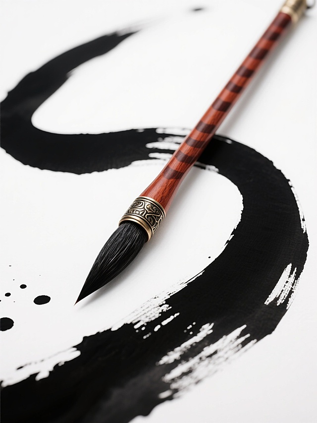 一支精致的传统毛笔，笔杆为棕红色木质，带有深色条纹纹理和金属箍装饰，笔尖乌黑浓密，毛笔倾斜放置，笔尖蘸取浓黑墨汁，在白色背景上挥洒出一道自然流畅、富有动感的黑色墨痕，墨痕边缘有飞溅的墨点，整体呈现出国画特有的笔墨韵味和东方美学意境，画面简洁大气，突出毛笔的形态美与墨的流动感，具有浓厚的国风文化气息。