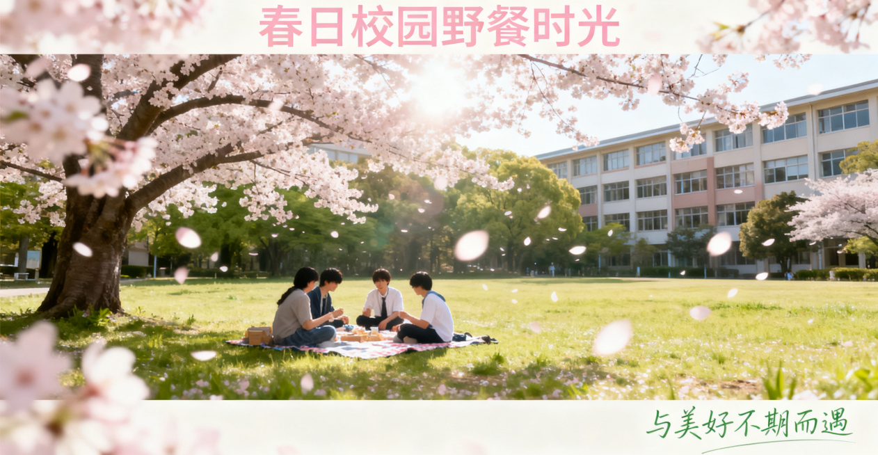 春日校园，樱花树下，学生在草地上野餐，阳光透过花瓣洒下光斑，教学楼背景郁郁葱葱，清新治愈风格，公众号首图预览效果