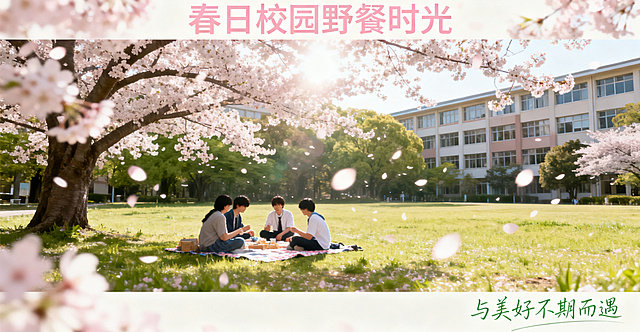 春日校园，樱花树下，学生在草地上野餐，阳光透过花瓣洒下光斑，教学楼背景郁郁葱葱，清新治愈风格，公众号首图