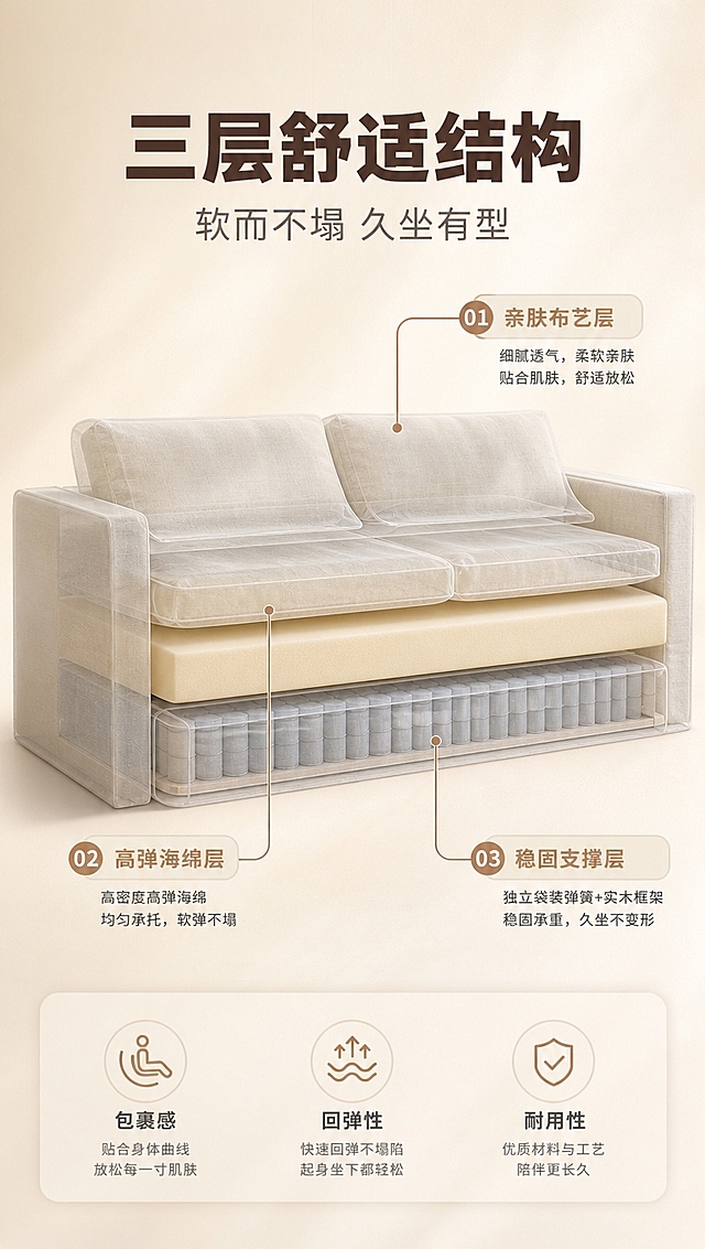 [商品] 使用【图1】简约方块懒人沙发；商品处理：保留方块造型、低矮结构、布艺外观、米白色调、整体比例；做半透明分层透视效果，展示内部填充结构，外层布艺保持可见半透明状态。
[画面] 目标：深度解析沙发内部结构，解释包裹感与支撑性来源。上文下图竖版构图，顶部约1/5为标题区，下方为结构解析主视觉；沙发位于画面中央，占画面约55%，正面微侧角度；沙发座垫与靠背以半透明分层方式展示：最外层布艺层、中间高弹海绵层、底部支撑层，共三层结构，每层用引线标注名称；背景为纯净浅米色渐变背景，突出结构示意。
[视觉] 套系策略：风格=简约奶油风亮调商业摄影；标题字=现代无衬线粗体（思源黑体Heavy）；正文字=简洁无衬线体（思源黑体Regular）；主色=米白奶油色；背景延展=基于米白奶油色做深浅层级、同色渐变和细腻织物/哑光墙面质感；强调色=暖驼色，仅用于小面积图标、引线、标签和序号；标题色=深暖棕；正文色=中暖灰；组件=圆角浅底信息卡、细线引线、胶囊形卖点框；光影=左前侧暖柔光，明亮通透，阴影柔和。
[文字] 顶部主标题「三层舒适结构」，副标题「软而不塌 久坐有型」。三层结构引线标注：「亲肤布艺层」「高弹海绵层」「稳固支撑层」，每层配简短说明。底部3个小图标+文字：「包裹感」「回弹性」「耐用性」。文字全部横排。
[规格] 图片比例9:16竖版，4K分辨率，避免变形、错字、文字过小、冷蓝背景、结构混乱、极限词、虚假参数。