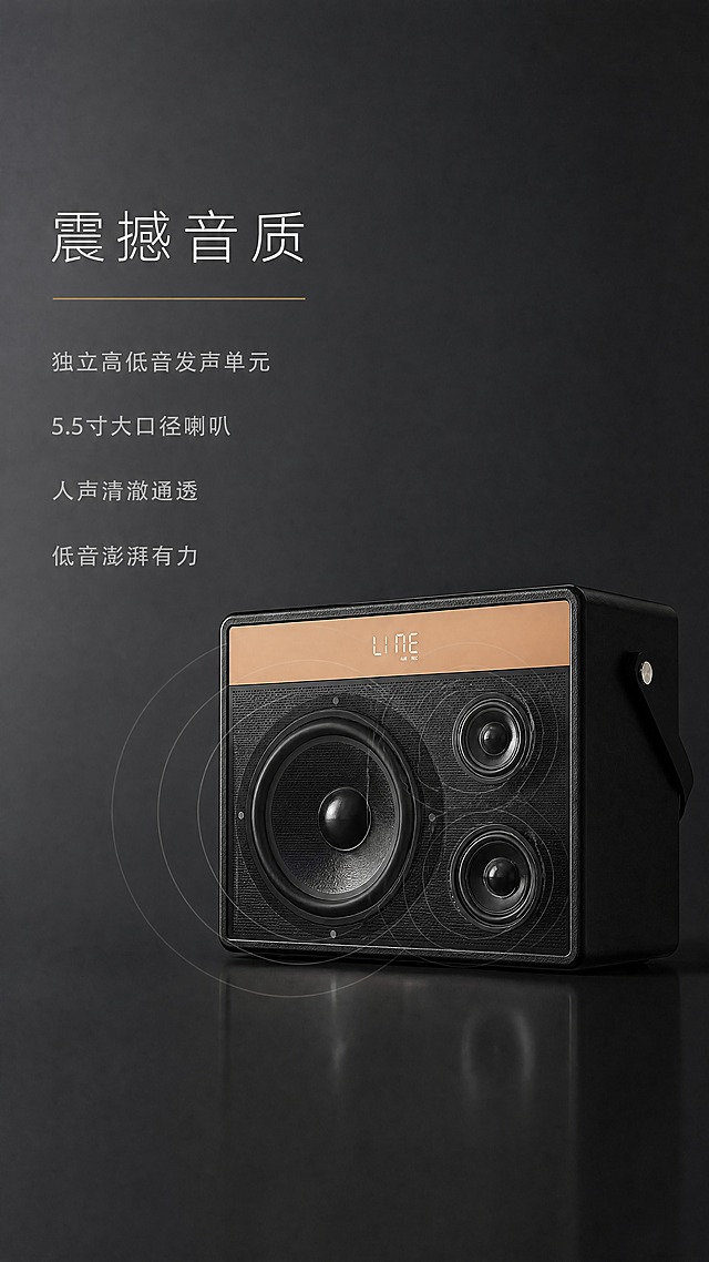[商品] 使用【图3】闻歌W500便携式K歌音响一体机；保留黑色主体、香槟金装饰条、正面网罩、显示屏的完整结构、颜色、材质和比例；正面喇叭发声单元结构为展示重点。
[画面] 目标：§4音质结构，简约高级展示独立高低音。构图：产品居中偏右，占画面约45%，正面偏侧角度。左侧为文字说明区，右侧产品区，比例约4:6。产品正面网罩做半透明处理，隐约可见内部大喇叭结构，喇叭前方有极淡的同心圆声波线条（浅灰色，极细）。背景：纯净深灰渐变，哑光质感，产品底部有微弱反光台面。
[视觉] 套系策略：风格=极简轻奢高级商业摄影；标题字=纤细优雅无衬线字体，字间距宽松；正文字=极简直白无衬线体；主色=高级灰（浅灰/中灰/深灰）；背景延展=深灰渐变，底部微反光；强调色=香槟金，仅用于装饰线和重点词；标题色=白色；正文色=浅灰色；组件=无卡片、无渐变，只用细线声波示意；光影=侧逆光勾勒产品轮廓，正面补光，质感高级。
[文字] 左侧文字区，主标题："震撼音质"（白色大字，字间距宽松）；下方极细香槟金线分隔；分隔线下方4行卖点，左对齐："独立高低音发声单元"、"5.5寸大口径喇叭"、"人声清澈通透"、"低音澎湃有力"（浅灰色，行间距大）。文字均横排，左对齐，大量留白。
[规格] 图片比例9:16竖版，4K分辨率，负向提示：避免花哨装饰、渐变标签、彩色图标、卡片背景、产品变形、颜色改变、竖排文字、绝对化用语、廉价感、声波过于夸张。