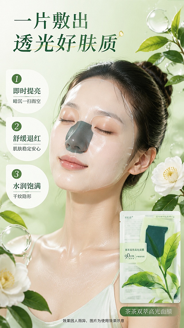 [第8屏] 详情页真人效果屏-模特敷面膜展示肌肤改善。本屏使用【图1】产品作为面膜形态参考，生成真人敷膜效果。
[氛围/风格] 清新自然护肤风，真人使用场景，肌肤通透有光泽，商业摄影质感。
[元素布局] 画面中央为亚洲女性模特半身特写，闭着眼睛，脸上敷着面膜（膜布形态参考图1中的面膜形状），表情放松享受；模特周围有茶叶、山茶花、水滴等植萃元素环绕；左侧有3个效果编号标签；右下角放置面膜袋产品小图。背景为淡绿色水光渐变。
[光影质感] 前方柔光打亮面部，肌肤呈现水润通透光泽，面膜膜布服帖清晰，整体柔和自然。
[配色色系] 全局底色 #EDF4E9 浅绿渐变；主色茶绿 #5A7D4A、肤色自然色；辅助色白色 #FFFFFF、金色 #D4C08A。
[视角构图] 正面微侧，模特面部为视觉中心，阅读动线左侧效果标签 → 中部模特 → 右下产品。
[文字版式] 顶部主标题「一片敷出 透光好肤质」，深绿色大字号。左侧3个编号效果标签：1.「即时提亮 暗沉一扫而空」；2.「舒缓退红 肌肤稳定安心」；3.「水润饱满 干纹隐形」。每个标签有编号圆圈+文字，白色底深绿字。右下角产品图旁文字「茶茶双萃高光面膜」。底部小字「效果因人而异，图片为使用效果示意」。
[比例分辨率] 9:16 竖版比例，4K 分辨率，文字清晰可辨，高清画质。
[负向提示词] 模特变形，面膜形态失真，夸张前后对比，医疗化表述，水印，文字错乱。