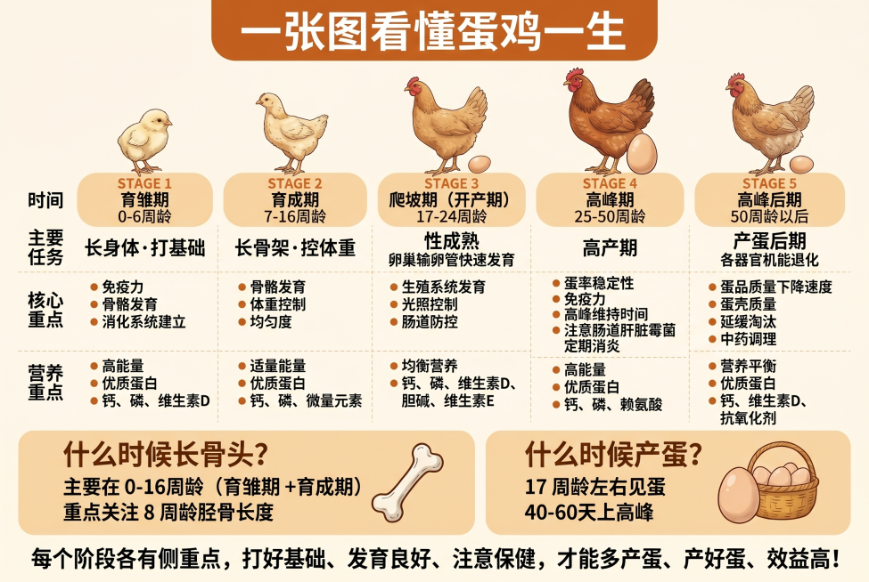 生成一张图文并茂的科普图，标题是"一张图看懂蛋鸡一生"，内容分为五个阶段：1.育雏期0-6周龄，标注雏鸡，主要任务是长身体打基础，核心关注免疫力、骨骼发育、消化系统建立，营养重点是高能量、优质蛋白、钙预览效果