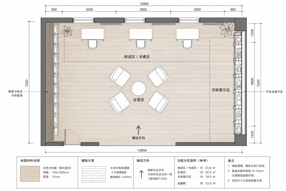 基于这个书房会客空间效果图生成对应的地面铺装图，展示木地板的铺设排版和尺寸分区预览效果