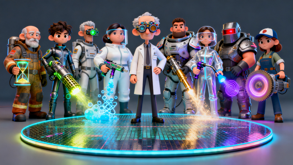 An epic, highly detailed group portrait of 9 distinct tech-workers standing in a line behind a giant预览效果