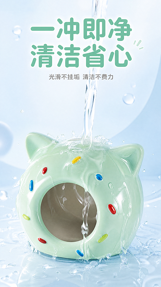 [第5屏] 本屏功能定义：软萌猫耳甜甜圈仓鼠躲避屋一冲即净易清洁卖点演示。
[氛围/风格] 童话甜品风，马卡龙色系，干净清爽的演示场景，商业摄影质感。
[元素布局] 本屏使用【图1】薄荷绿色躲避屋作为主体，放置在流水下冲洗的场景中，保持躲避屋造型、颜色、陶瓷质感和原图一致。水流从上方缓缓冲下，展示内壁光滑不易沾污，一冲就干净的特点，背景用浅蓝马卡龙色渐变，搭配透明水珠装饰元素。
[光影质感] 明亮侧光，突出水流透明感和陶瓷光滑表面，明暗清晰，整体干净通透。
[配色色系] 全局底色：#F0F8FF（浅蓝马卡龙），主体薄荷绿躲避屋，透明水流浅蓝高光，文字深灰色。
[视角构图] 平视斜侧视角，展示产品整体和冲洗过程，主体居中，占画面约65%，预留文案区域。
[文字版式] 顶部主标题“一冲即净 清洁省心”，圆润粗黑体，薄荷绿色居中；下方副标题“光滑不挂垢 清洁不费力”，浅灰色小字居中，简洁明了。
[比例分辨率] 9:16 竖版，4K分辨率，文字清晰可辨。
[负向提示词] 产品变形，水流浑浊，污渍残留，遮挡主体，文字模糊，水印，背景杂乱。