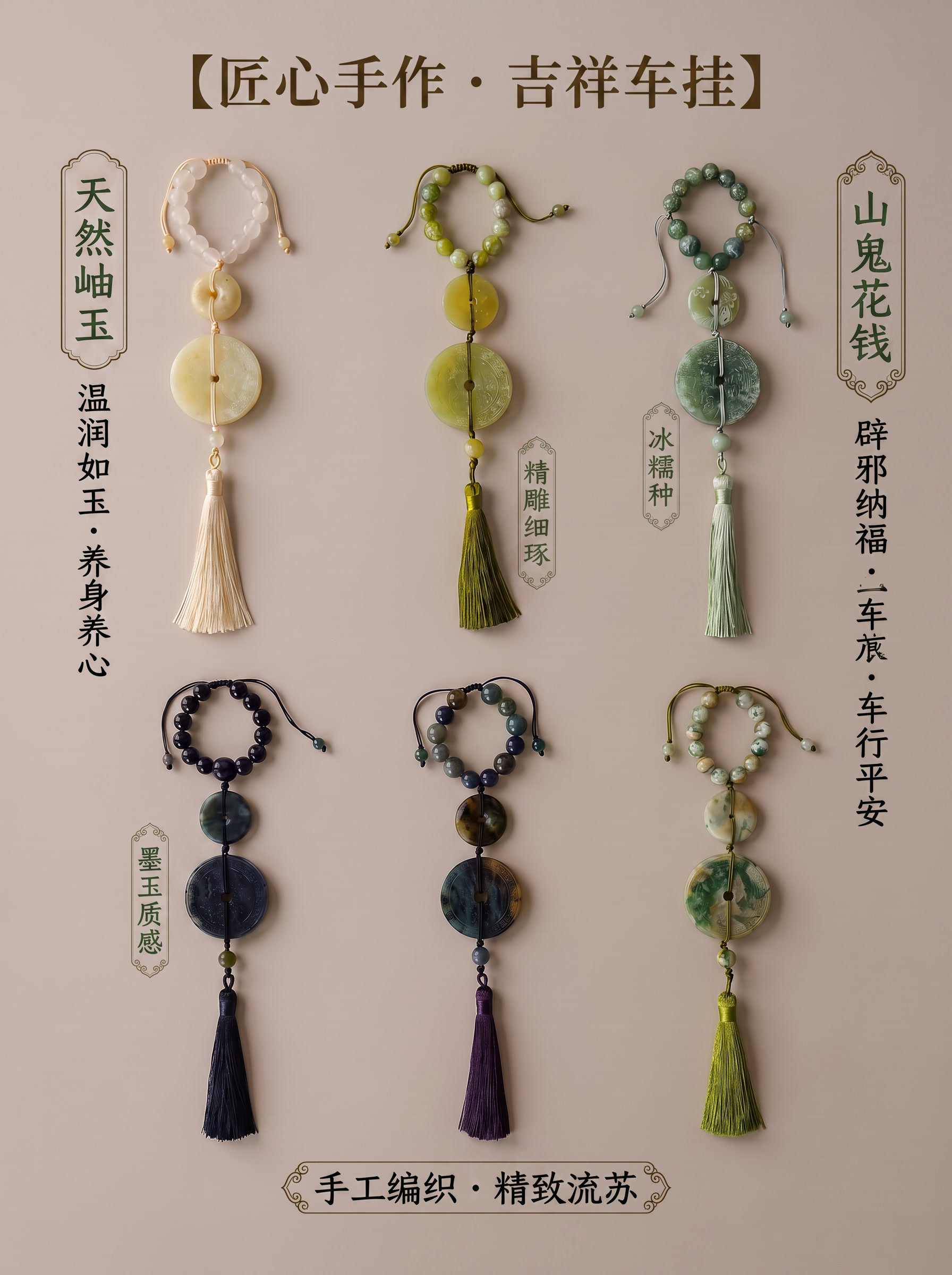 添加商品卖点的文字，例如岫玉、山鬼花钱车挂等等 - 图片创意预览