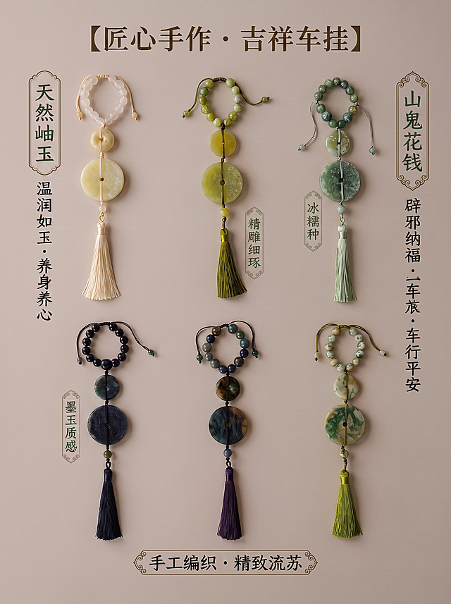 添加商品卖点的文字，例如岫玉、山鬼花钱车挂等等