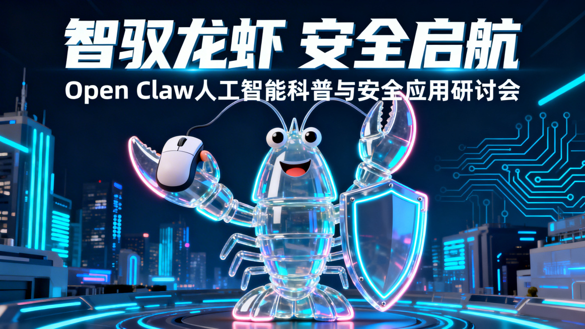 专业海报设计，电影级打光，矢量风格，干净排版。主体是友好的3D卡通龙虾，半透明玻璃质感，带有霓虹灯轮廓，龙虾的一只钳子手持电脑鼠标，另一只钳子手持盾牌，鼠标代表操作电脑，盾牌代表安全，玻璃质感代表开源预览效果