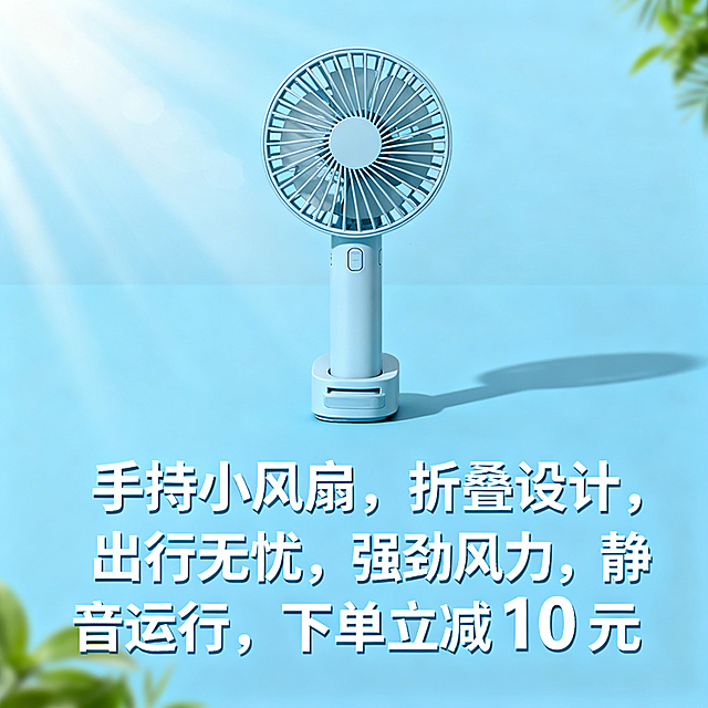 电商促销主图，一款手持折叠小风扇，浅蓝色简约背景，风扇展开展示，突出便携折叠设计，搭配文案“手持小风扇，折叠设计，出行无忧，强劲风力，静音运行，下单立减10元”，清新明亮风格，吸引夏日出行消费者