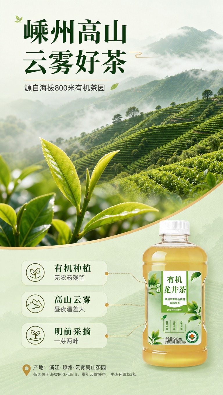 [商品] 使用【图1】有机龙井茶饮料瓶，缩小置于画面右下角作辅… - 图片创意预览