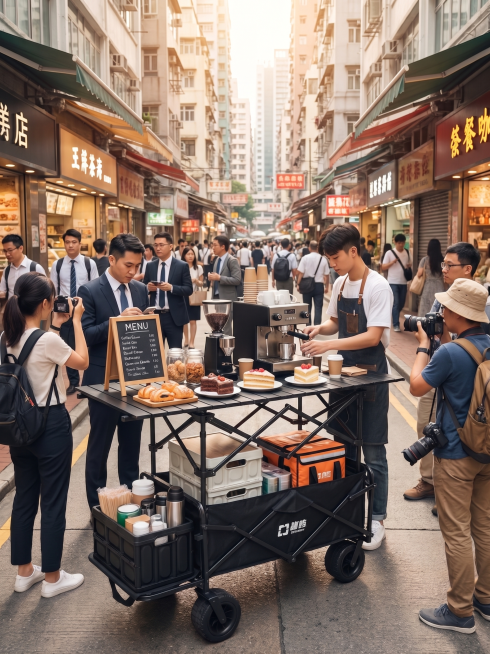 将参考图中的黑色露营推车和折叠桌，放置在繁华的街边，作为售卖咖啡和甜点的摊位，推车前有年轻亚洲老板在工作，推车内放置收纳箱和保温箱，周围有很多路过的亚洲上班族和游客，氛围热闹预览效果