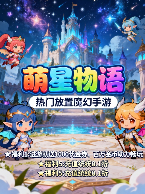 将以下文字生成角色扮演类（RPG）或卡牌养成手游风格的 3张宣传图“ 萌星物语 ”为主标题颜色醒目“热门放置魔幻手游”“0.1折送1000”“一款动作卡牌放置手游”为副标题 副标题分别出现在每张图片上预览效果