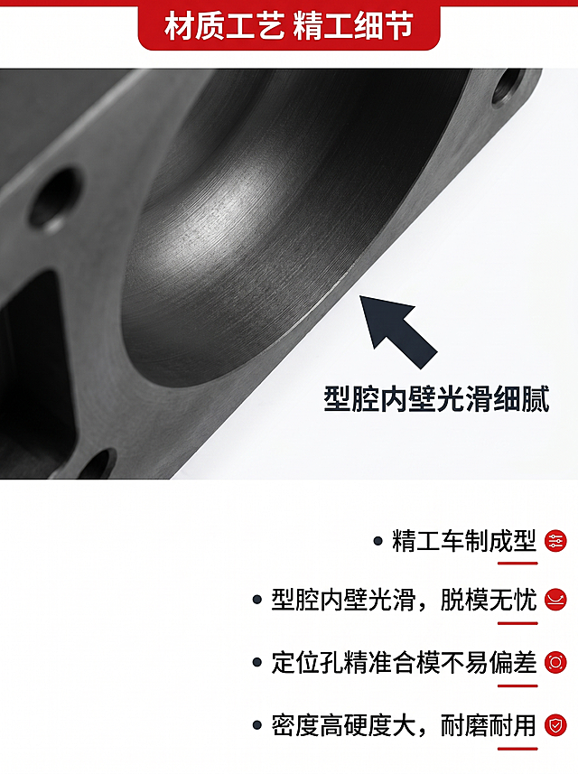 [详情图5] 材质工艺详解，局部放大+文字说明，色系为纯白背景+主色调深石墨黑标注。风格：淘宝详情页，专业清晰。背景纯白色，主色用深石墨黑标注。配色：主#333333，辅#FF3333，点缀#FFCC33。元素：主图为石墨模具型腔内壁局部放大特写，放大展示细腻光滑的纹理，左侧主图标注，右侧分点说明工艺：精工车制成型，型腔内壁光滑，定位孔精准合模不易偏差，密度高硬度大，耐磨耐用。顶部主标题“材质工艺 精工细节”红色背景白色字。光影：均匀柔光，突出纹理细节，清晰锐利。排版：主图占上半部分，文字说明在下半部分，干净整齐。比例3:4，2K。负向提示词：变形，文字错乱，背景杂乱。
