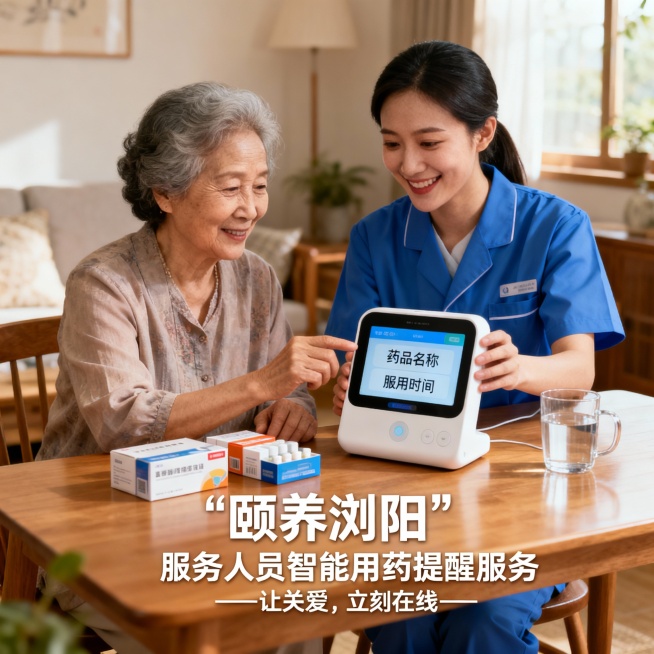 帮我生成带“颐养浏阳”服务人员智能用药提醒服务——让关爱，时刻在线服务场景的图片预览效果